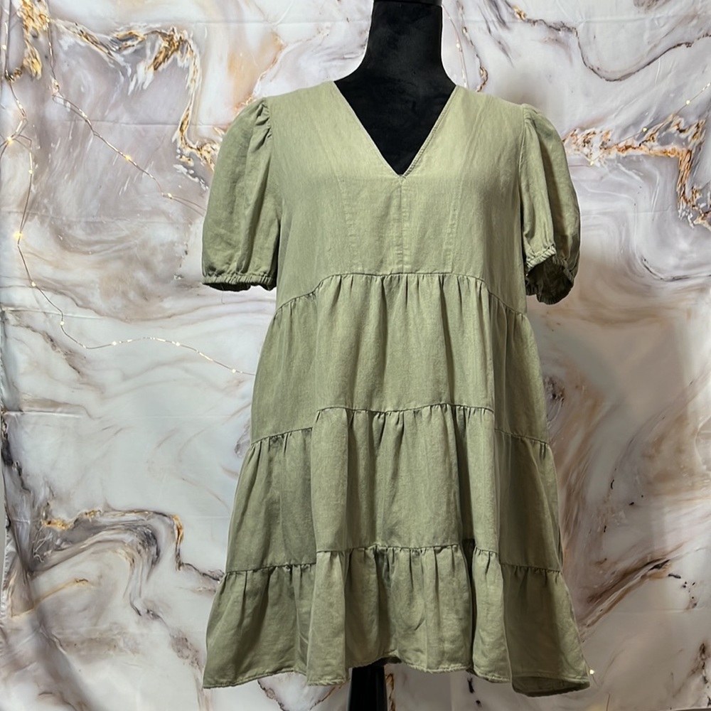 (NWT) Zara Short Sleeve Lined Dress Khaki Green Size L